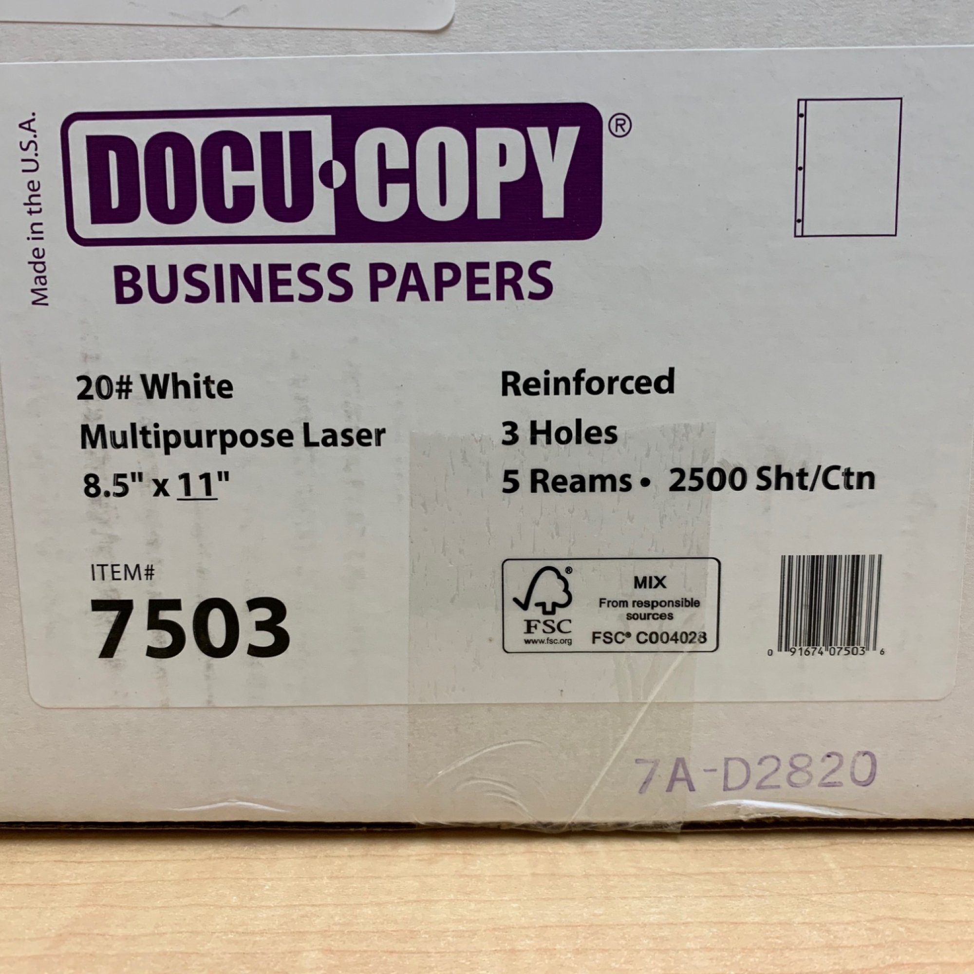 8 1/2 X 11 20# 2-Hole Punch Top Paper, 2,500 sheets